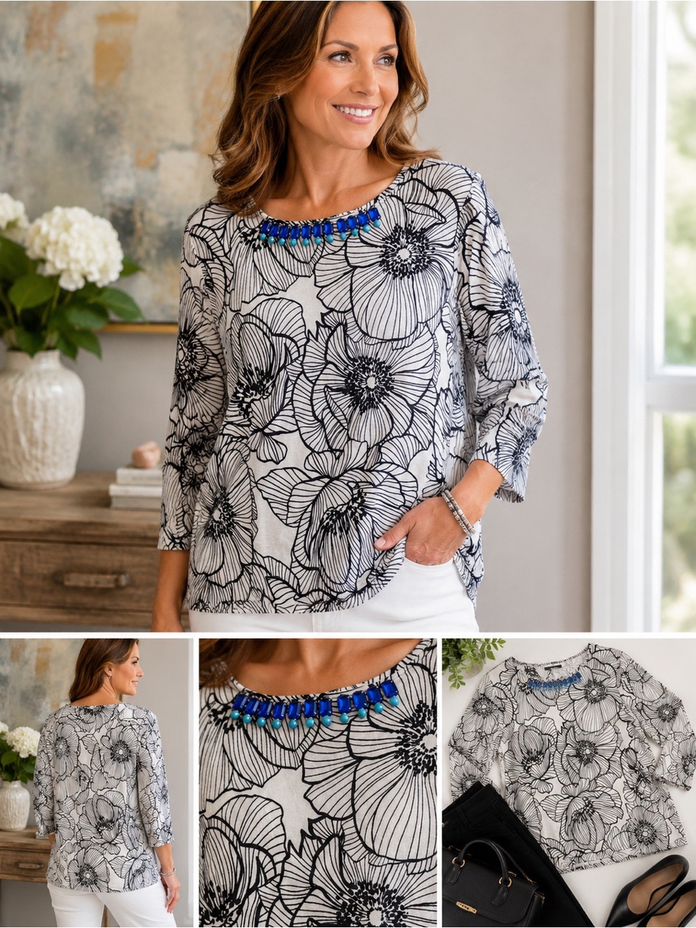 Women’s Floral Print Embellished Blouse Black & White Top w/ Blue Jewel Neckline